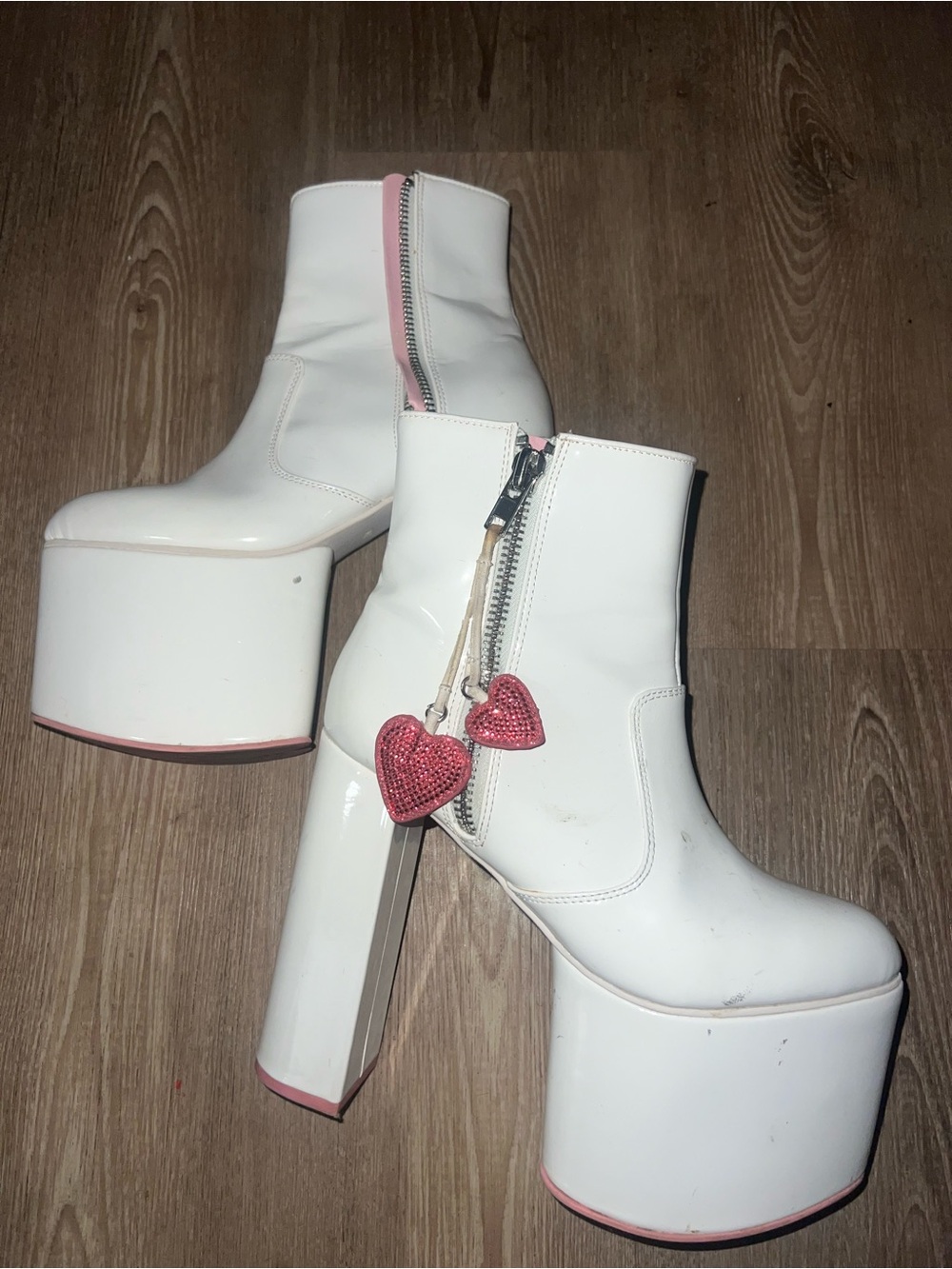 Dolls Kill White Platform Ankle Boots with Pink Heart Charms